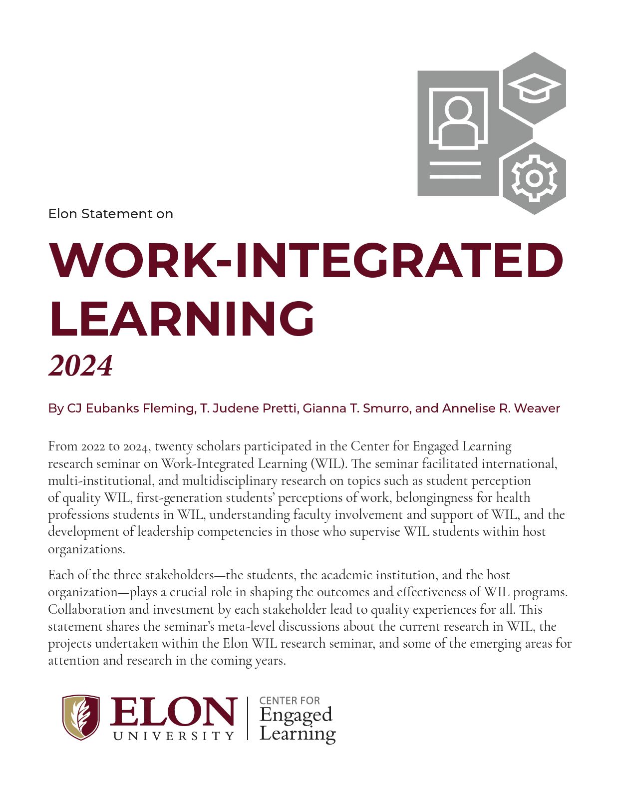 Work Integrated Learning PDF cover page with maroon text and an icon with gear, graduation cap, and resume.